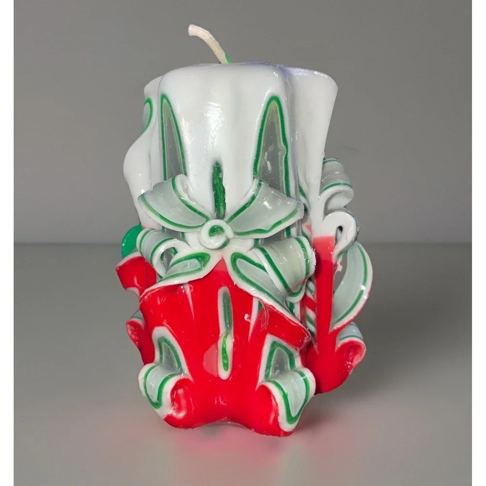 VTG Christmas Tree Hand‎ Carved Ribbon Wax Candle Designs Green Red White GID